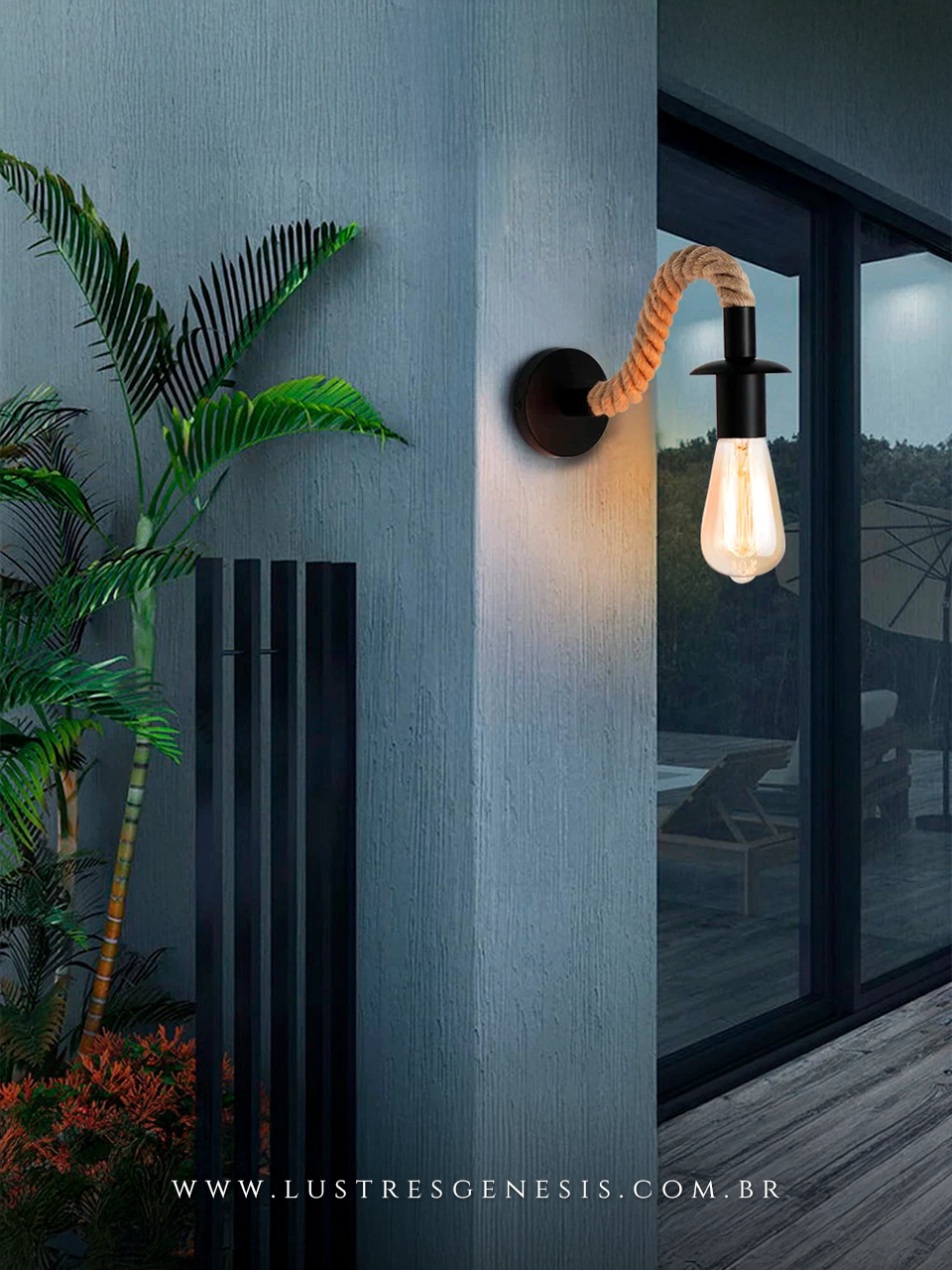 Arandela rústica Doca Preta com base circular preta e detalhe em corda de sisal, ideal para áreas gourmet, quartos, sala de estar, hall de entrada e corredor.